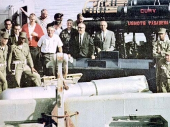 Recovered bomb number four being displayed after its retrieval from the sea. (Credit: Public Domain)