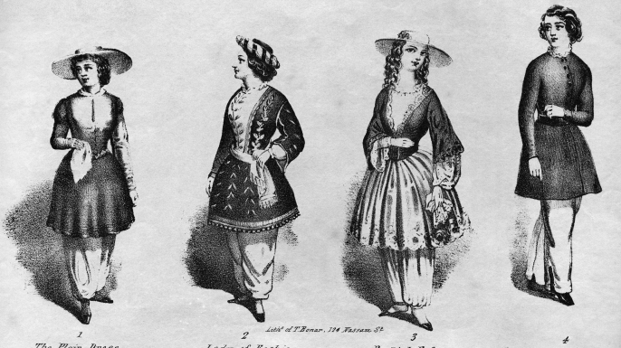 An engraving of four examples of women wearing bloomers as advocated by women's rights and temperance advocate Amelia Bloomer. (Credit: Kean Collection/Getty Images)