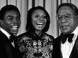 From left to right, LeVar Burton, Leslie Uggams and Alex Haley attend 33rd Annual Primetime Emmy Awards in California. (Credit: Ron Galella, Ltd./WireImage/Getty Images)