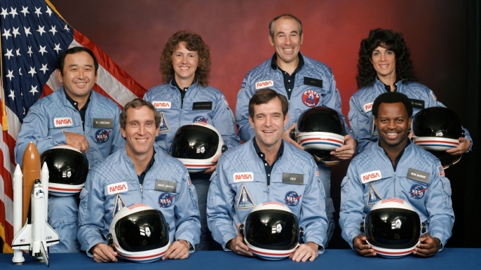 The Challenger crew. Back row (L-R): Ellison Onizuka, Christa McAuliffe, Gregory Jarvis, Judith Resnick. Front row (L-R): Michael J. Smith, Francis "Dick" Scobee, Ronald McNair.