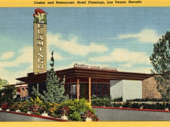 Vintage linen postcard showing the entrance to the gaming room and patio of the Flamingo Hotel. (Credit: Curt Teich Archives/Getty Images)