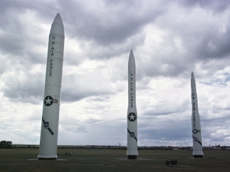 Peacekeeper missile, left, and two versions of the Minuteman missile sit at the entrance of Warren Air Force base near Cheyenne, WY. (Credit: Michael Smith/Getty Images)