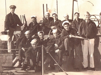 PT-305's first crew. Top row: Leonard Martyr, James Nerison, Benedict Bronder, Joseph Cirlot, Percy Wallace, William Minnick, William Borsdorff. Second Row: George Miles, Frank Crane, Donald Weamer, Fernando Ferrini. Bottom: William Schoonover. (Gift of Mitchell Cirlot/Courtesy of The National WWII Museum)