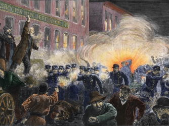 Engraving of a scene from the Haymarket Riot. (Credit: Stock Montage/Getty Images)