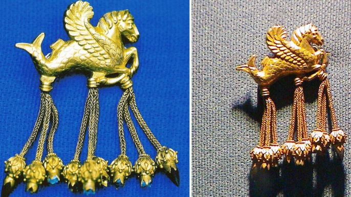 The original (L) and the fake (R) brooch from the so-called Lydian Hoard. (Credit: AFP/Getty Images)