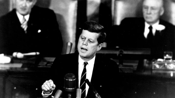 President John F. Kennedy in his historic message to a joint session of the Congress, on May 25, 1961. (Credit: NASA)