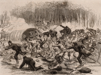 Drawing depicting stampede of retreating Union troops. (Credit: Universal History Archive/Getty Images)