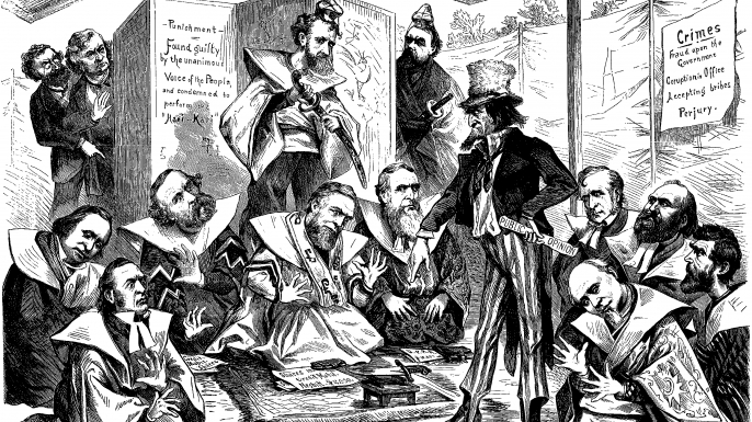 Uncle Sam directs those implicated in the Crédit Mobilier of America scandal to commit Hari-Kari. (Credit: Public domain)
