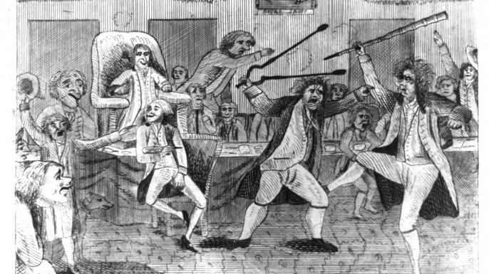 Portrayal of a fight on the floor of Congress between Vermont Representative Matthew Lyon and Roger Griswold of Connecticut. (Credit: Library of Congress)