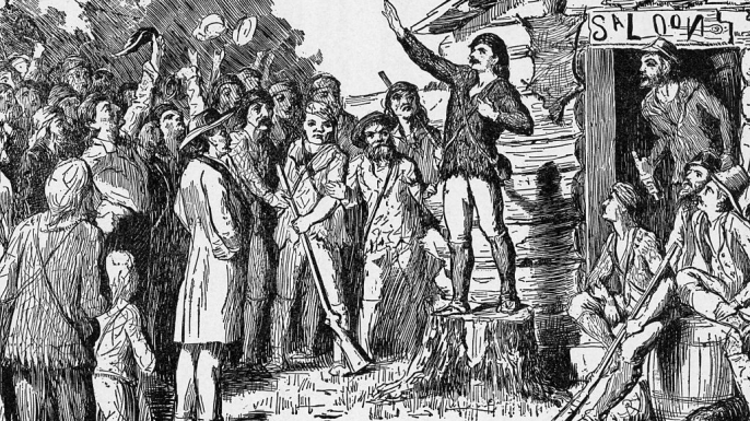 Etching of Davy Crockett campaigning for the U. S. House of Representatives in the Tennessee frontier.