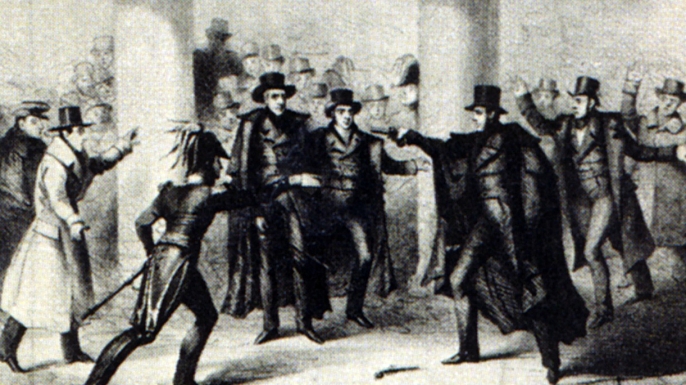 Illustration of the attempted assassination of Andrew Jackson.