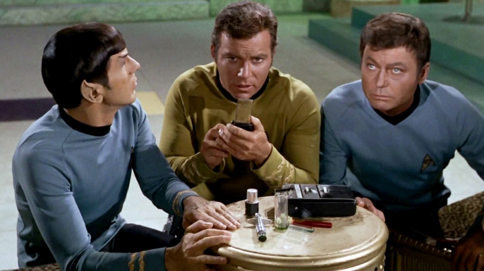 Leonard Nimoy, William Shatner and DeForest Kelley in the episode "Plato's Stepchildren."