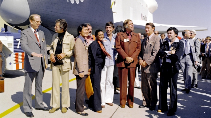 The cast of the original "Star Trek" attend the rollout of the space shuttle Enterprise in 1976.