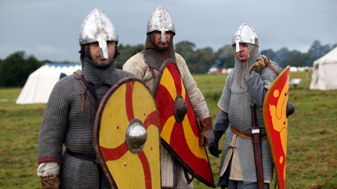 Members of an historical re-enactment groups prepare for the annual re-enactment of the Battle of Hastings.