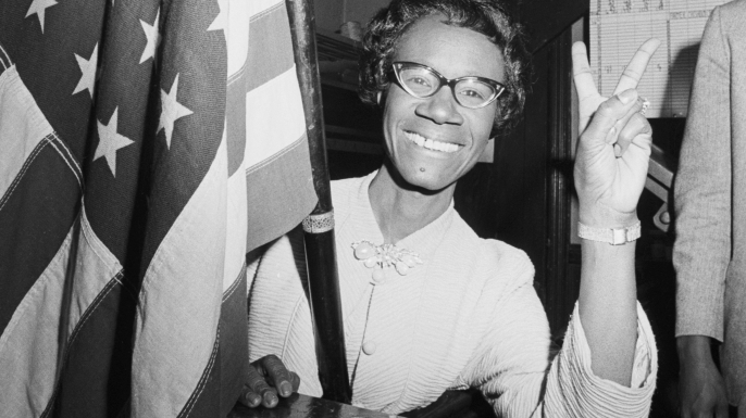 Shirley Chisholm gives the victory sign after winning the Congressional election in Brooklyn's 12th District. (Credit: Bettmann/Getty Images)