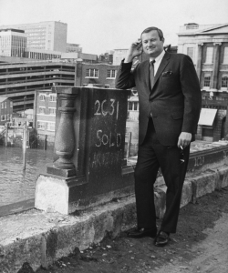 American entrepreneur Robert P McCaulloch, standing on London Bridge as it is dismantled, ready for transportation back to America, April 18th 1968. (Credit: Jim Gray/Keystone/Getty Images)