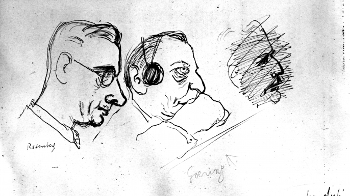 Drawings from the Nuremberg Trials o fRosenberg and Goering.