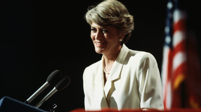 Vice Presidential candidate Geraldine Ferraro speaks to the 1984 Democratic Convention and accepts their nomination. (Credit: Wally McNamee/Getty Images)