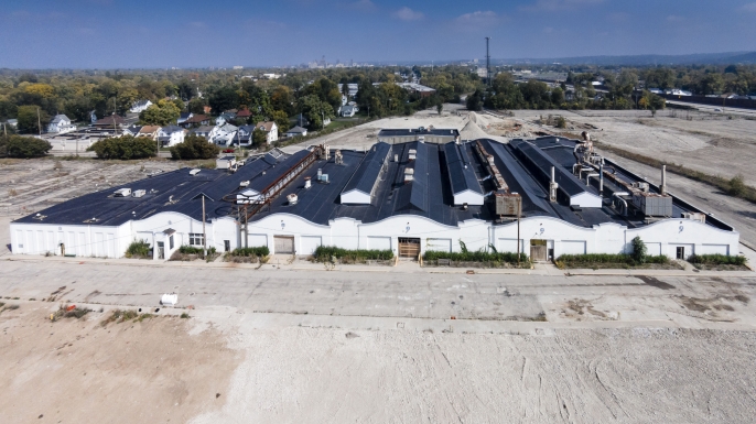 Aerial photo of the Wright Company Factory Site and attached buildings. (Credit: Andy Snow/National Aviation Heritage Alliance)