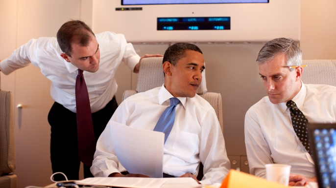 President Barack Obama meets with Deputy National Security Advisor for Strategic Communications Denis McDonough, right, and speechwriter Ben Rhodes on Air Force One on route to Cairo, Egypt, June 4, 2009. (Official White House photo by Pete Souza)