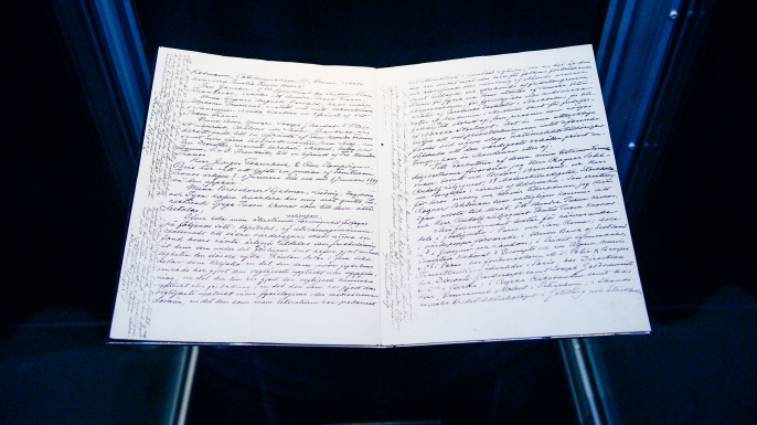 The testament of Alfred Nobel is displayed at the Nobel Museum in the Old Town of Stockholm. (Credit: JONATHAN NACKSTRAND/AFP/Getty Images)