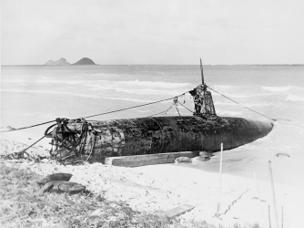 Japanese 'midget' submarine on the beach at Bellows Field, Hawaii, after the attack on Pearl Harbor. (Credit:VCG Wilson/Getty Images)