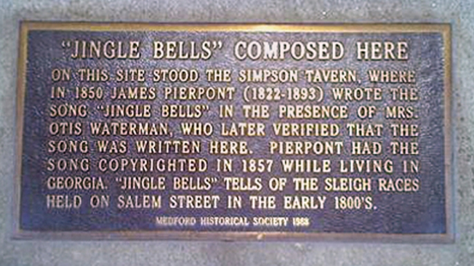 Plaque commemorating the authorship of the song "Jingle Bells" by James Pierpont at the Simpson Tavern (now 19 High Street) in Medford, Massachusetts. Plaque provided by the Medford Historical Society. (Credit: Public Domain)
