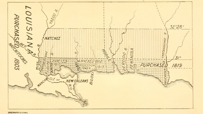 A 1903 map showing the territorial changes of "West Florida"; a historical region that now incorporates portions of Louisiana, Mississippi and Alabama. (Credit: Public Domain)