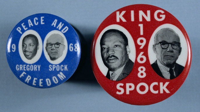 Campaign buttons in support of potential 1968 running mates for Dr. Benjamin Spock. On the left, Spock is featured with comedian and activist Dick Gregory, and Spock is paired with Martin Luther King, Jr. (Credit: David J. and Janice L. Frent/Corbis via Getty Images)