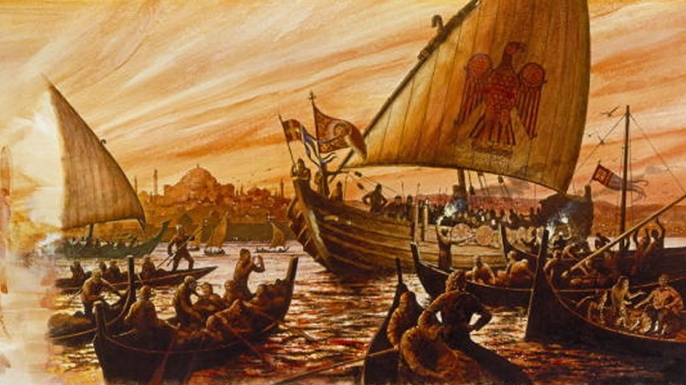 A Viking ship is approached by Byzantines at Constantinople. (Credit: Michael Hampshire/National Geographic/Getty Images)