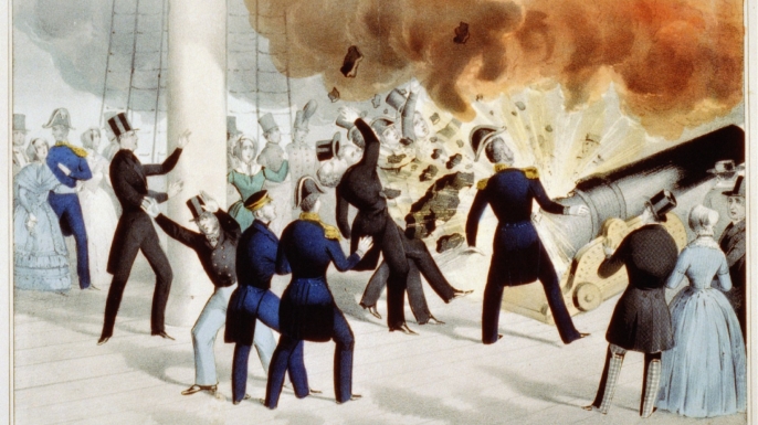 Explosion of the "peace-maker" on board the U.S. Steam Frigate Princeton on Wednesday, 1844-02-28. (Credit: Library of Congress)