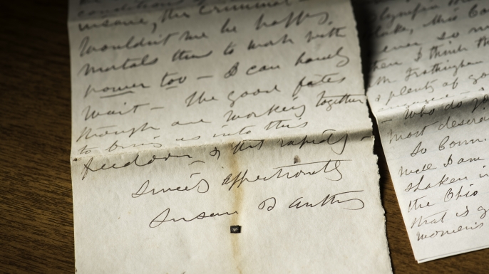 Anthony concludes this letter by reflecting about the possible work women could do for the poor, criminal and insane if they had power through the ballot. She writes: "now wouldn't it be splendid for us to be free and equal citizens- with the power of the ballot to back our hearts, heads and hands- and we could just go into all the movements to better the conditions of the poor, the insane, the criminal- wouldn't we be happy mortals than to work with power too - I can hardly wait- the good fates though are working together to bring us into this freedom and that rapidly." (Credit: J. Adam Fenster / University of Rochester)