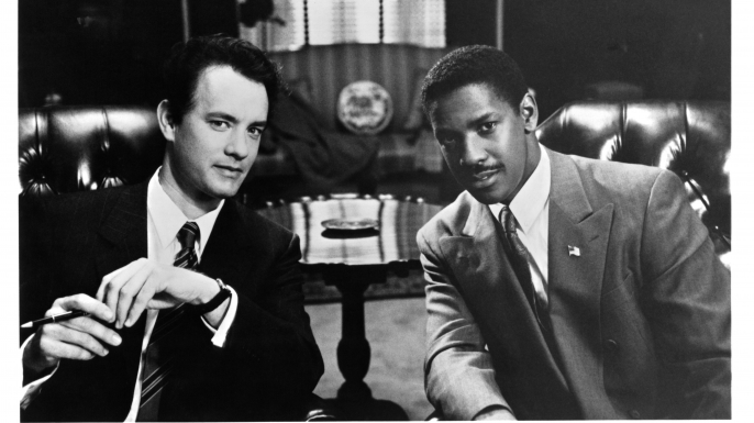 Actors Tom Hanks and Denzel Washington on the set of the Tri Star movie " Philadelphia" in 1993. (Credit: Michael Ochs Archives/Getty Images)