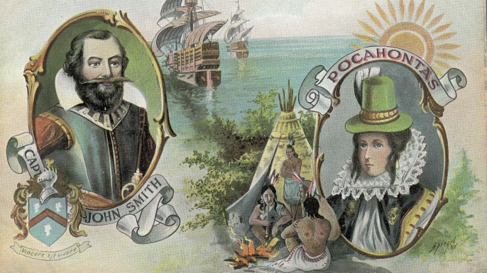 An 18th century postcard depicting John Smith and Pocahontas. (