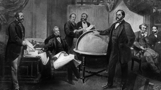 Illustration showing Russian and American diplomats during the treaty signing ceremony. From left: American diplomat Robert Smith Chew, Secretary of State William H. Seward, American diplomat William Hunter Jr., secretary of the Russian mission Waldemar de Bodisco, Russian ambassador Eduard de Stoeckl, American Senator Charles Sumner, Assistant secretary of state, and son of the secretary of state, Frederick William Seward
