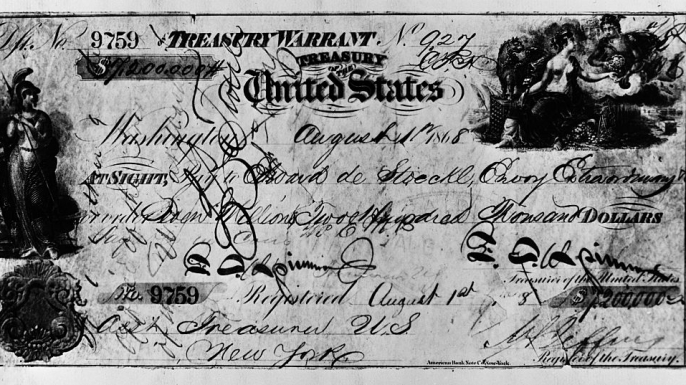 Image of the $7,200,000 check from the United States to Russia for purchasing Alaska. (Credit: Hulton-Deutsch Collection/CORBIS/Corbis via Getty Images)