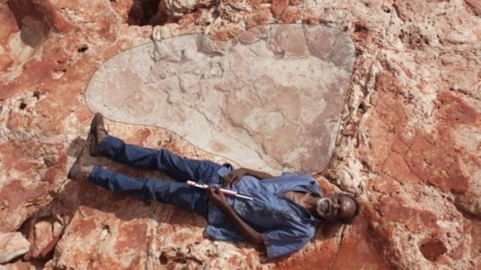 Richard Hunter and a sauropod track in the Walmadany area in the Dampier Peninsula, Western Australia. (Credit: Damian Kelly)