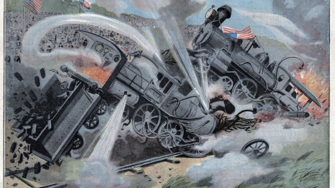 Stunt show featuring two locomotives colliding at full speed, near New york, USA. Illustration from French newspaper Le Petit Parisien. July 29, 1906. (Credit: Leemage/Getty Images)