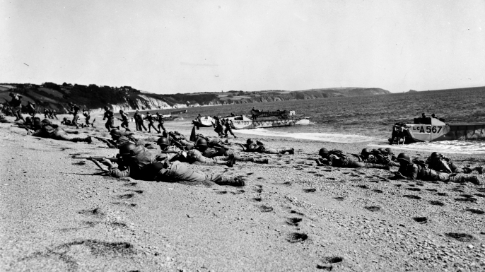 Troops on Slapton Sands beach during the exercise.