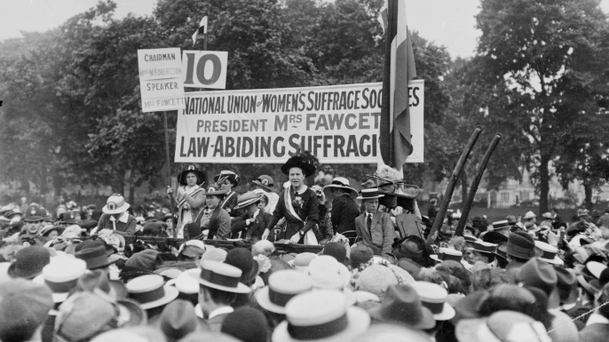 Millicent Fawcett addressing a meeting in Hyde Park as president of the National Union of Women's Suffrage Societies. (Credit: Topical Press Agency/Getty Images)