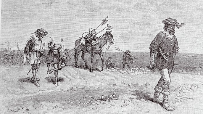 Illustration of de Vaca and his three companions in the West. (