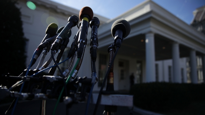 Microphones set up outside the White House.