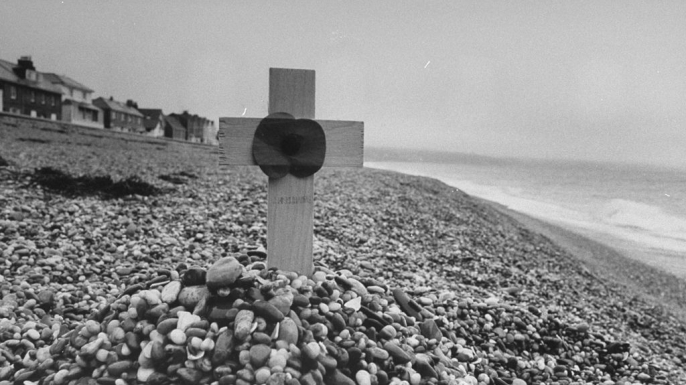 Wooden cross standing on Slapton Sands honoring the dead of Exercise Tiger.
