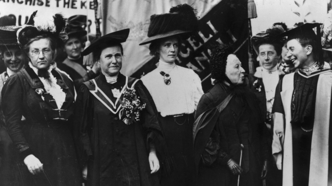 A march of the National Union of Women's Suffrage, 1908. From left to right, Lady Frances Balfour, Millicent Fawcett, Ethel Snowden, Emily Davies and Sophie Bryant. (Credit: Hulton Archive/Getty Images)
