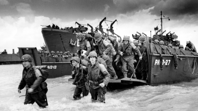 Troops coming ashore at Slapton Sands during Exercise Tiger.