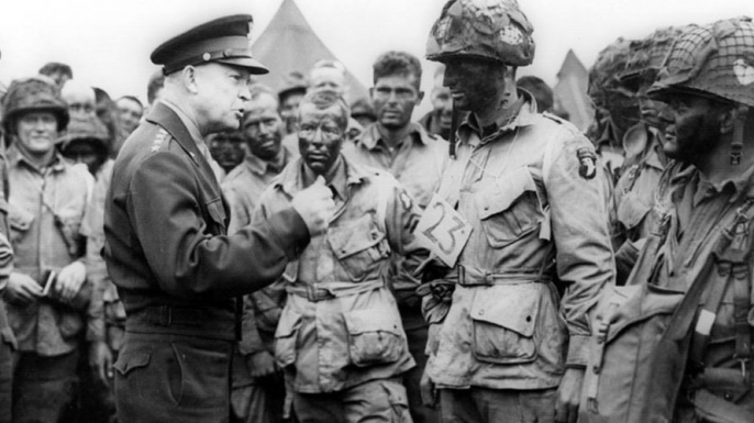 Eisenhower speaks with Allied troops prior to the D-Day invasion of Normandy on June 6, 1944.