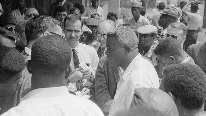 Jackie Robinson at a protest in Birmingham, Alabama.