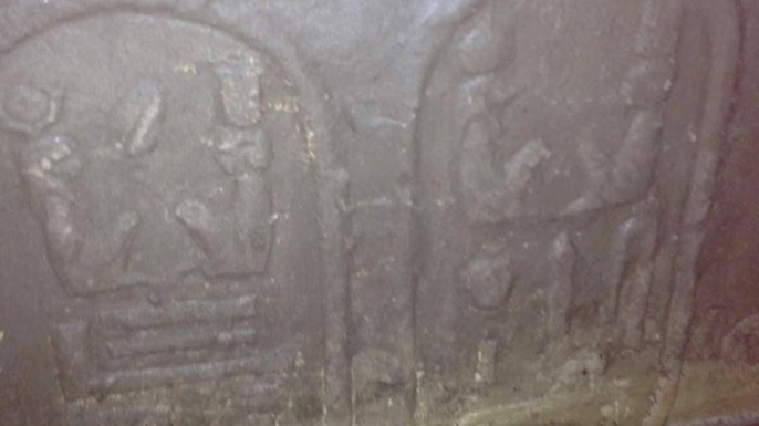 A carved stone relief, or cartouche, bearing the name of the last native Egyptian pharaoh, King Nectanebo II.