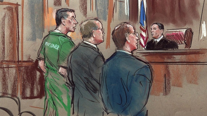 An artist's drawing shows alleged US spy Robert Hanssen during Hanssen's arraignment on spying charges.