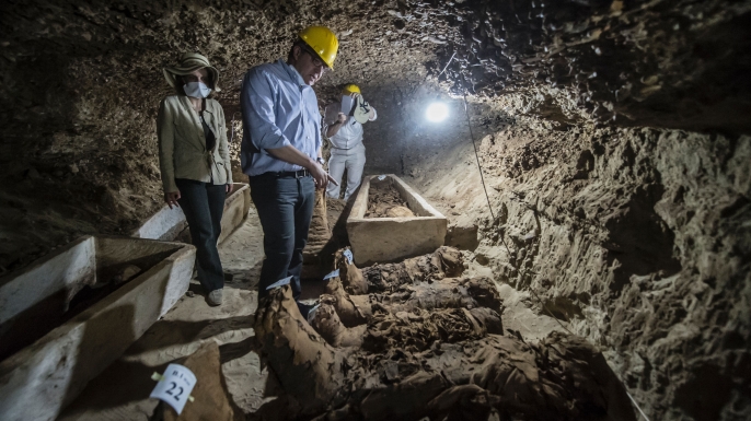 Egyptian Antiquities Minister Khaled el-Enany in front of mummies following their discovery earlier this week.